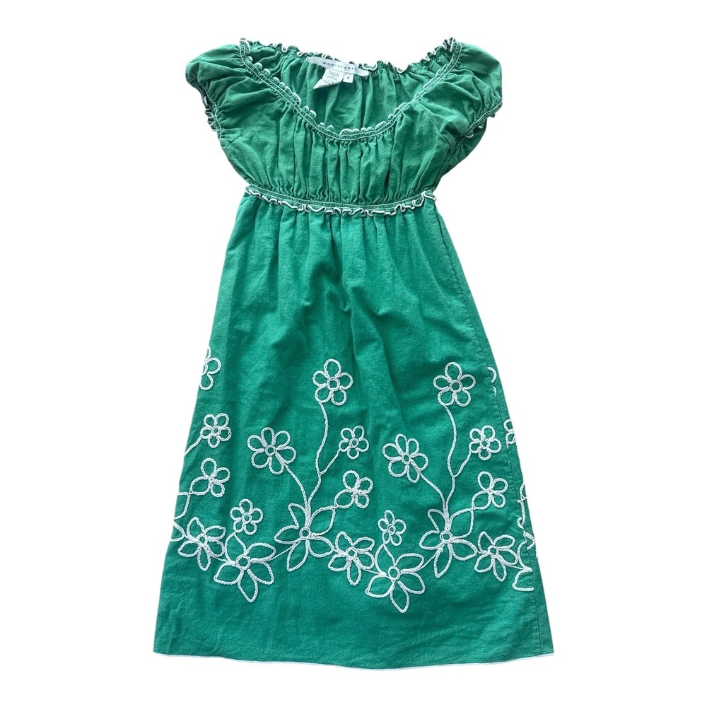 Y2K Max Studio Boho Mini Dress Floral Embroidery S Green Scoop Neck cap sleeve
